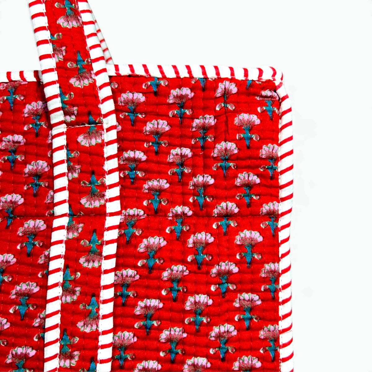 Red Ditsy Floral Quilted Tote Bag with Campartments | Hand Block Printed Cotton