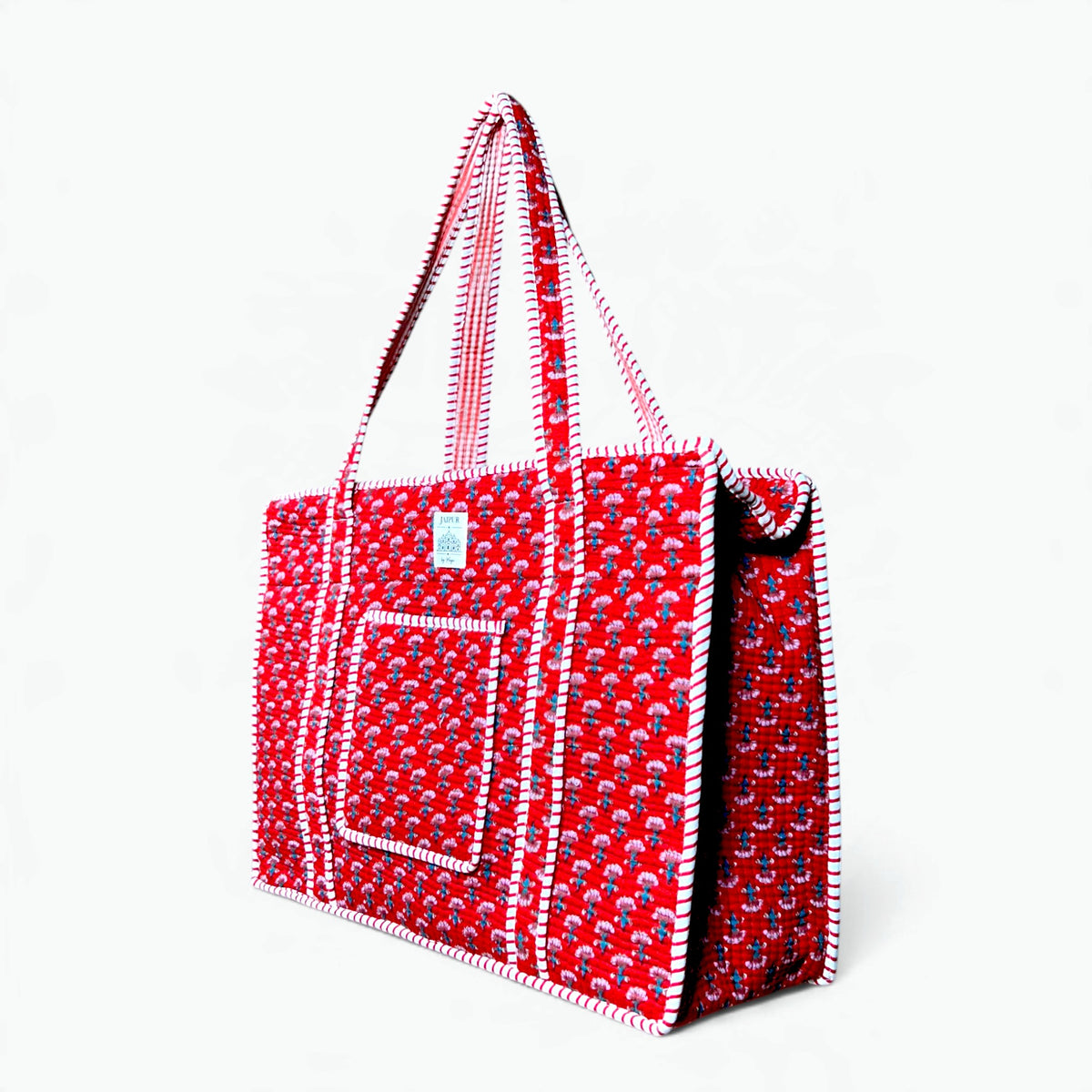 Red Ditsy Floral Quilted Tote Bag with Campartments | Hand Block Printed Cotton