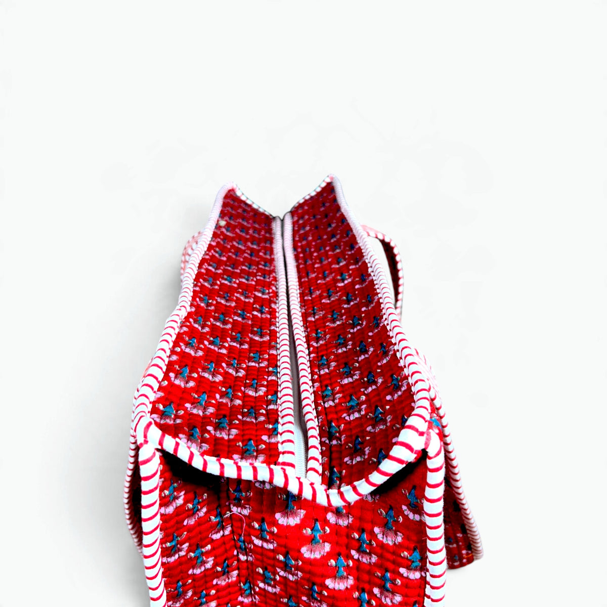 Red Ditsy Floral Quilted Tote Bag with Campartments | Hand Block Printed Cotton