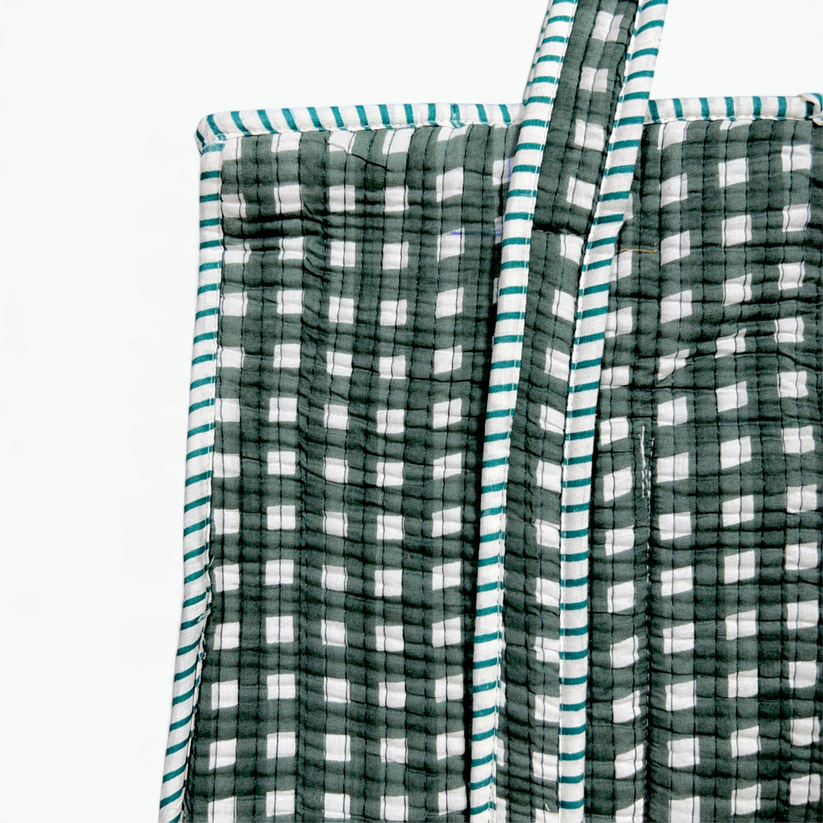 Large Green Gingham Check Quilted Tote Bag | Cotton Shoulder Tote