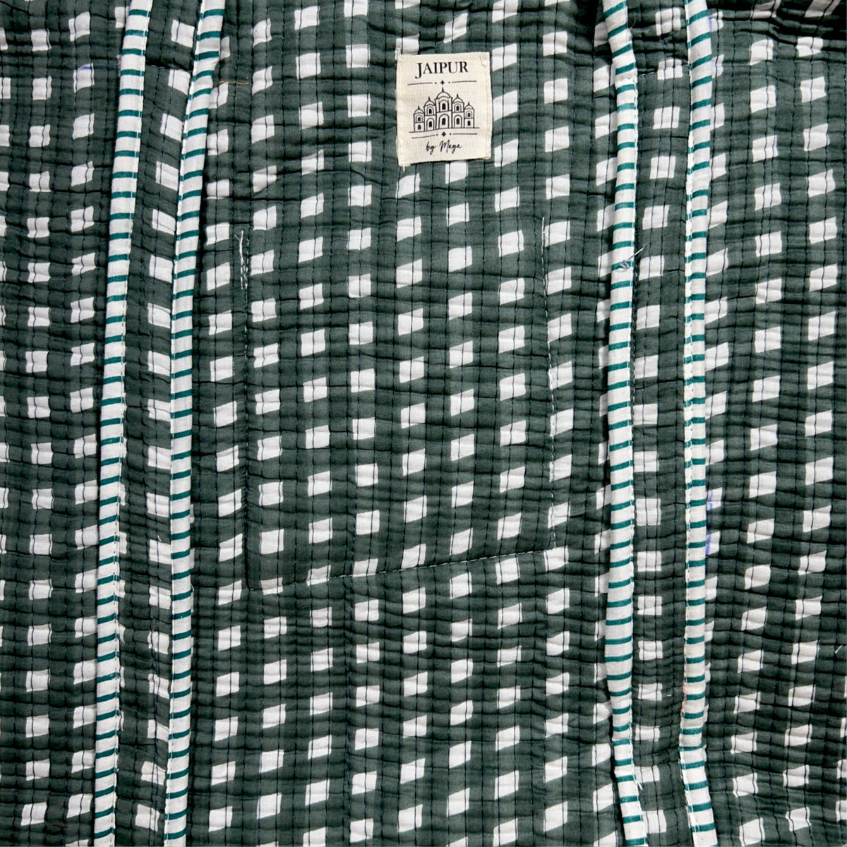 Large Green Gingham Check Quilted Tote Bag | Cotton Shoulder Tote
