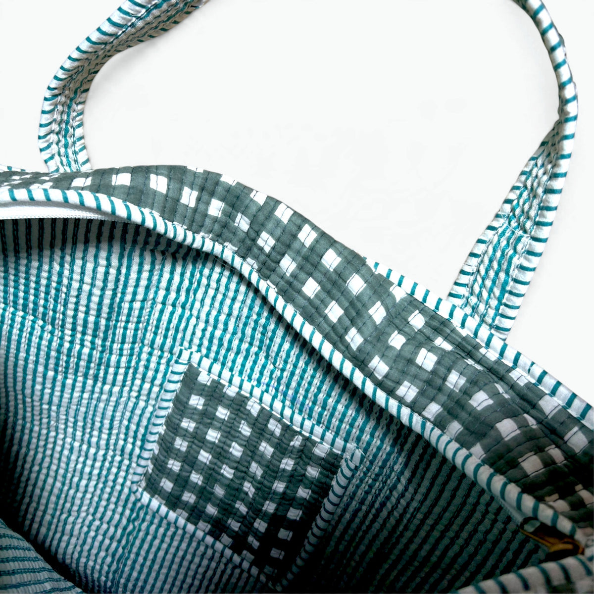 Large Green Gingham Check Quilted Tote Bag | Cotton Shoulder Tote