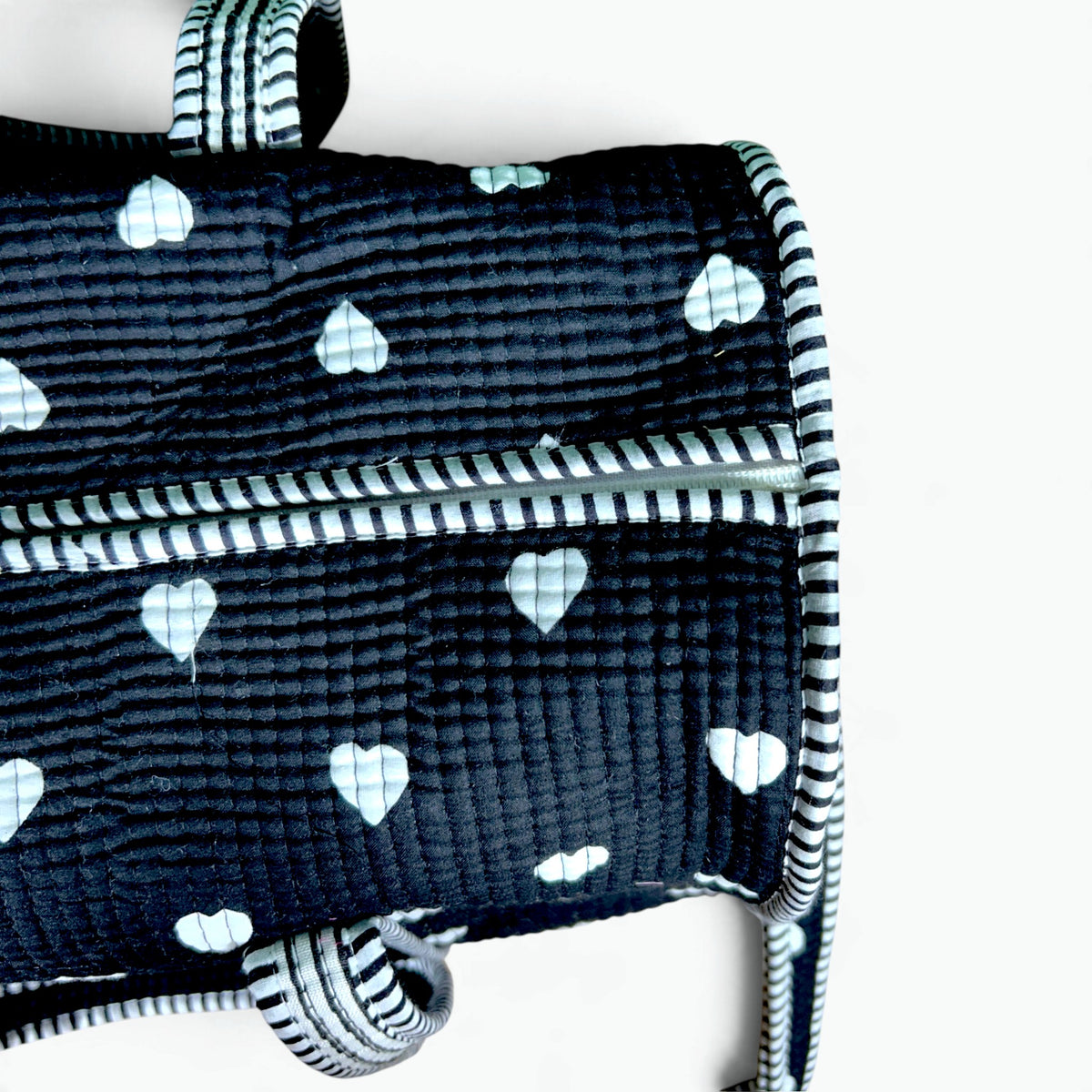 Large Black Heart Print Duffle Bag | Quilted Cotton Weekend & Gym Bag with Shoulder Strap