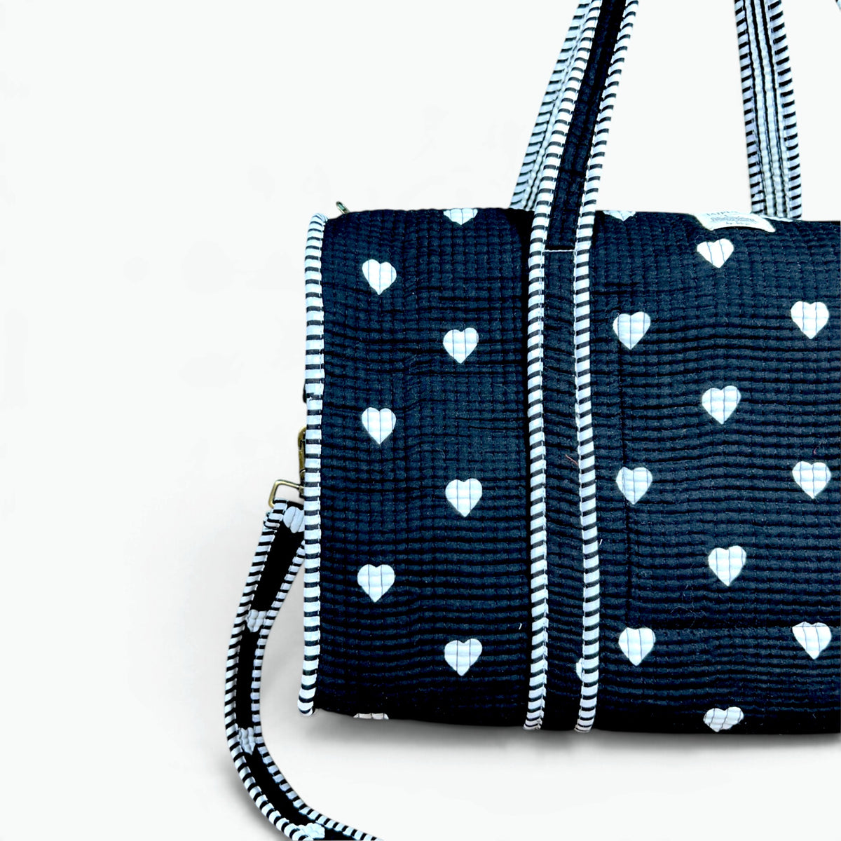 Large Black Heart Print Duffle Bag | Quilted Cotton Weekend & Gym Bag with Shoulder Strap