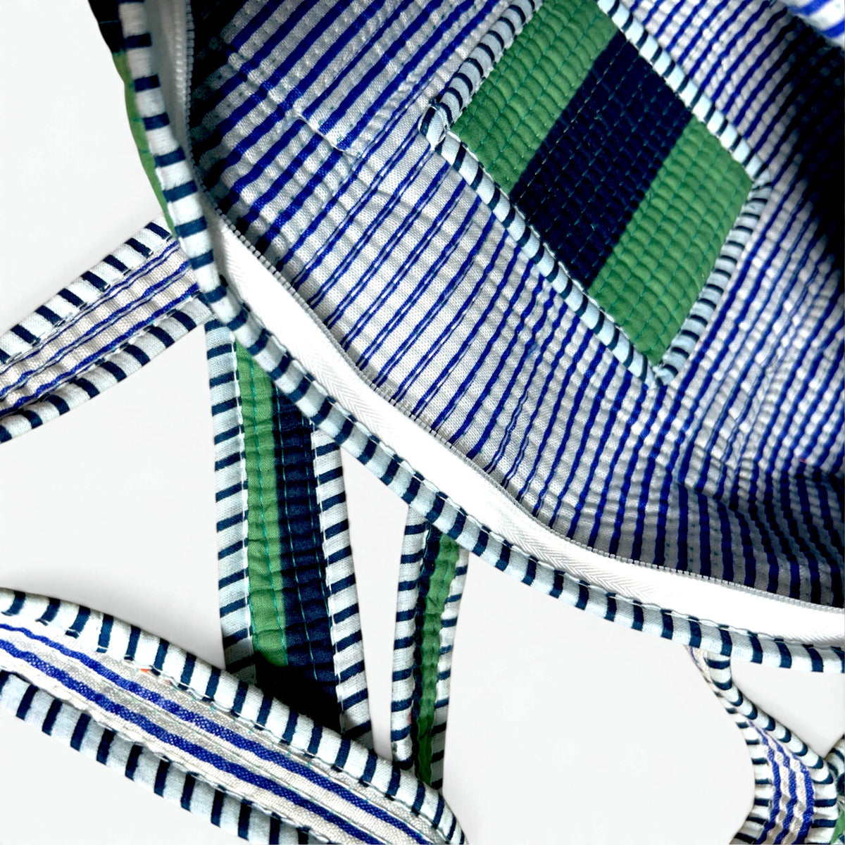 Green & Navy Striped Mini Duffle Bag | Quilted Cotton Barrel Bag with Shoulder Strap