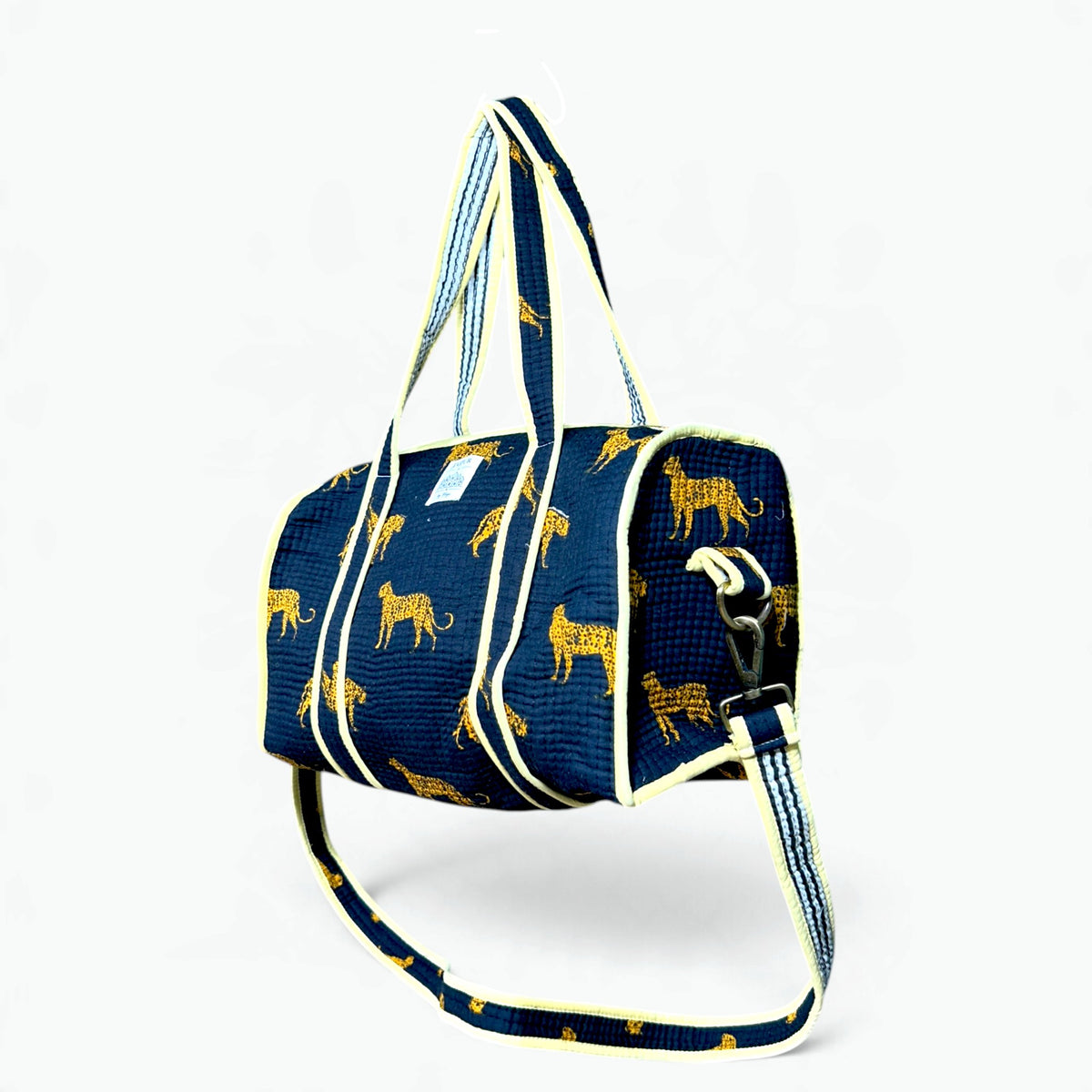 Navy Leopard Print Mini Duffle Bag | Quilted Cotton Barrel Bag with Shoulder Strap