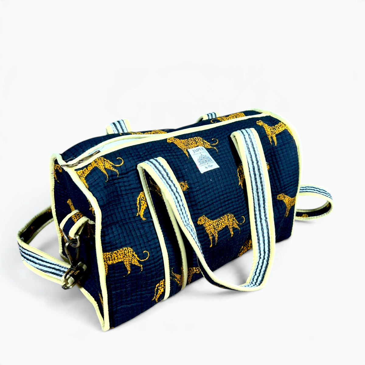 Navy Leopard Print Mini Duffle Bag | Quilted Cotton Barrel Bag with Shoulder Strap