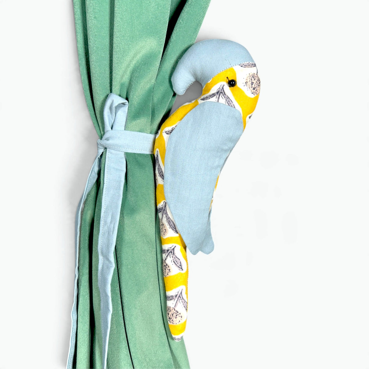 Powder Blue Parrot Curtain Tiebacks (Set of 2) | Handmade Fabric Curtain Holders