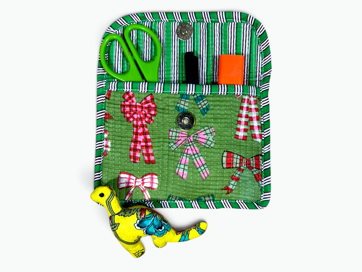 Tartan Bows Envelope Pouch | Quilted Cotton Clutch with Magnetic Snap