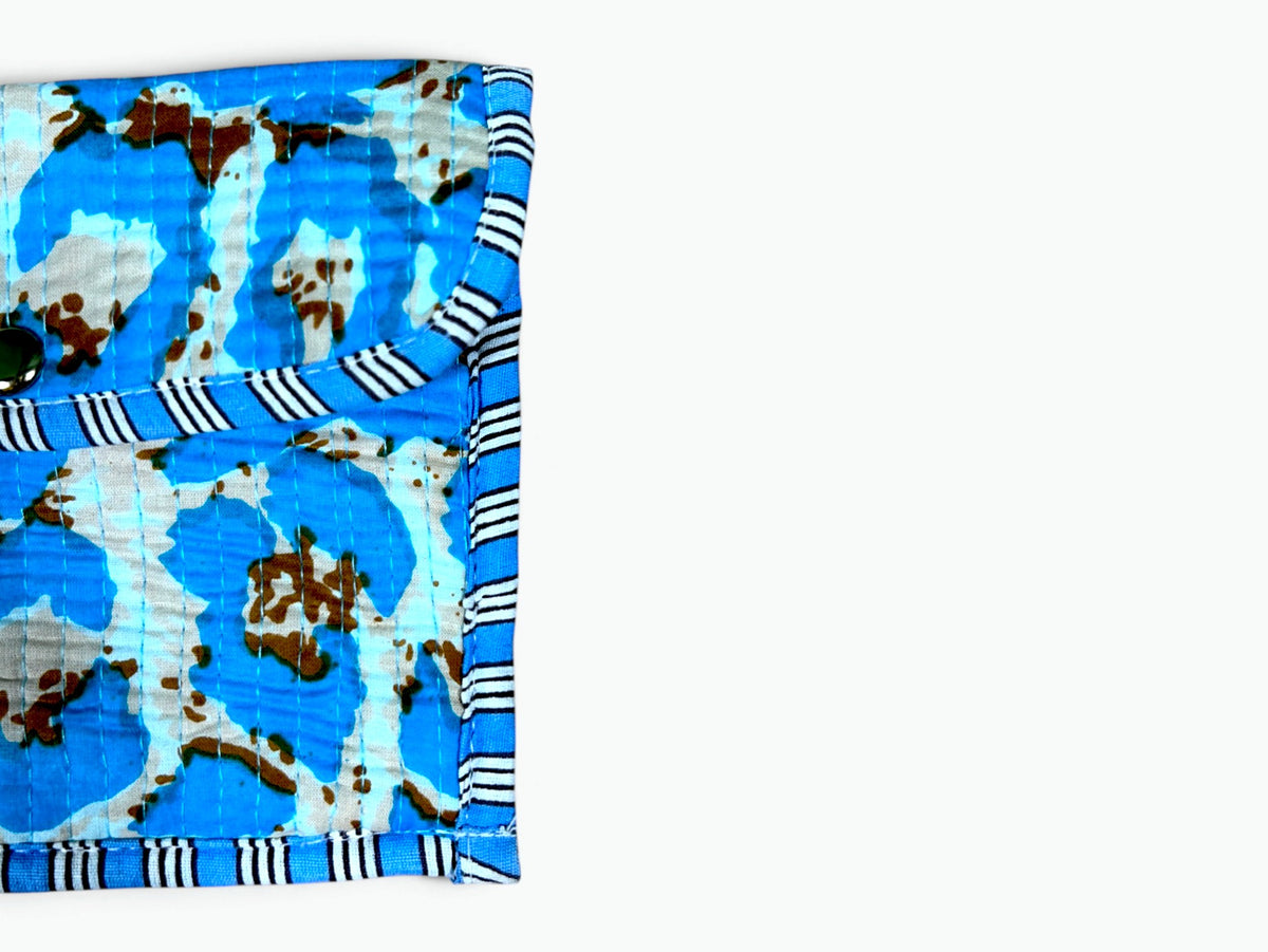 Blue Leopard Envelope Pouch | Quilted Cotton Clutch with Magnetic Snap