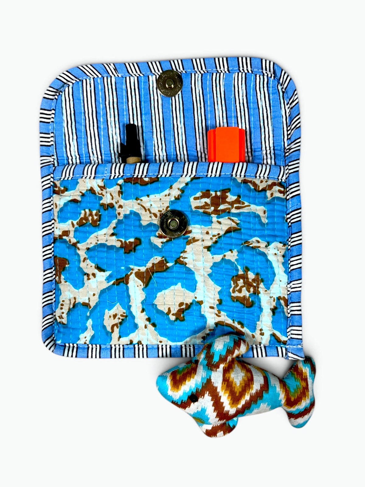 Blue Leopard Envelope Pouch | Quilted Cotton Clutch with Magnetic Snap