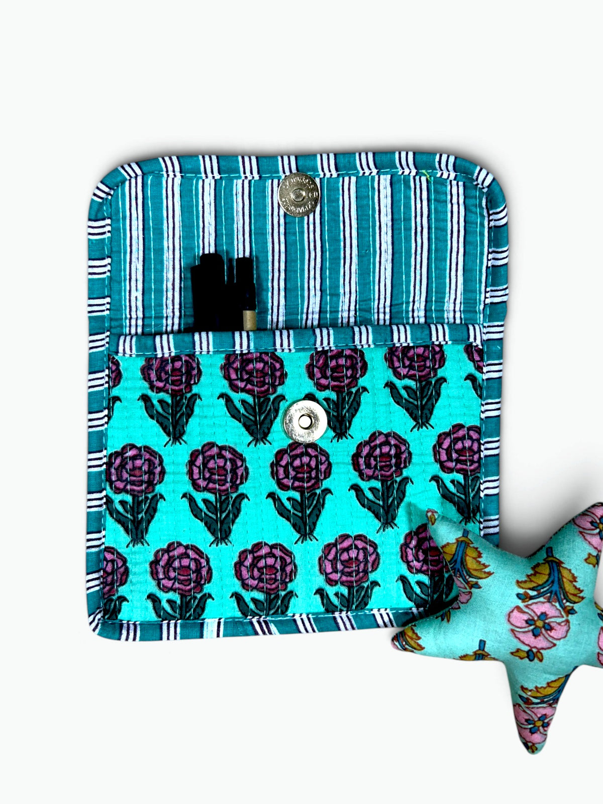 Aqua Rose Envelope Pouch | Quilted Cotton Clutch with Magnetic Snap