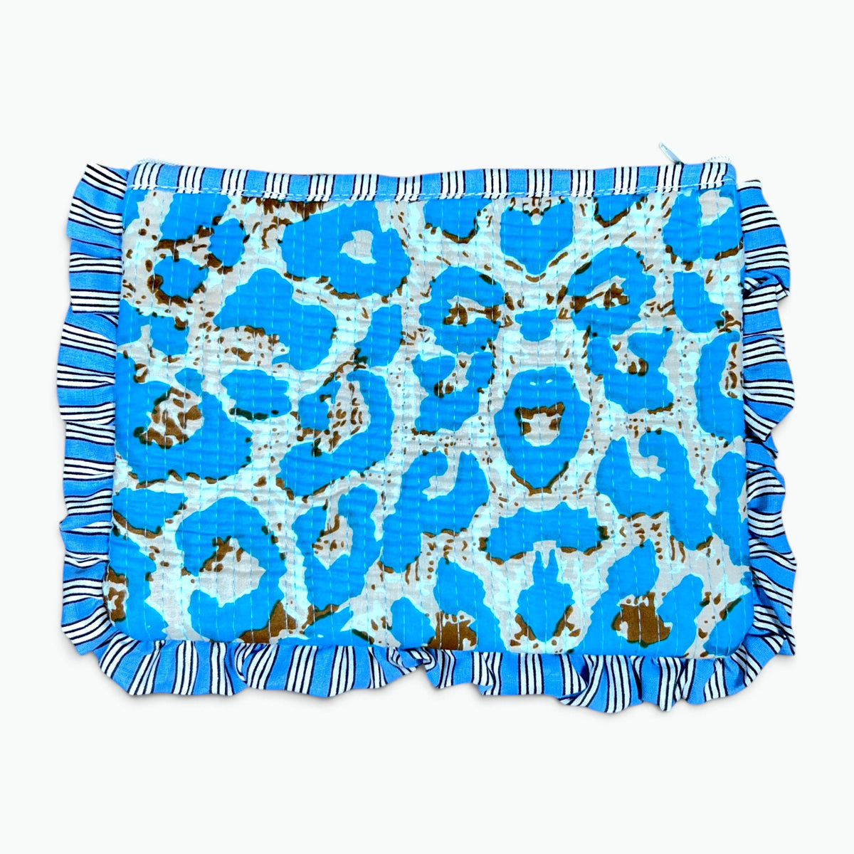 Blue Leopard Print Quilted Frill Pouch | 100% Cotton