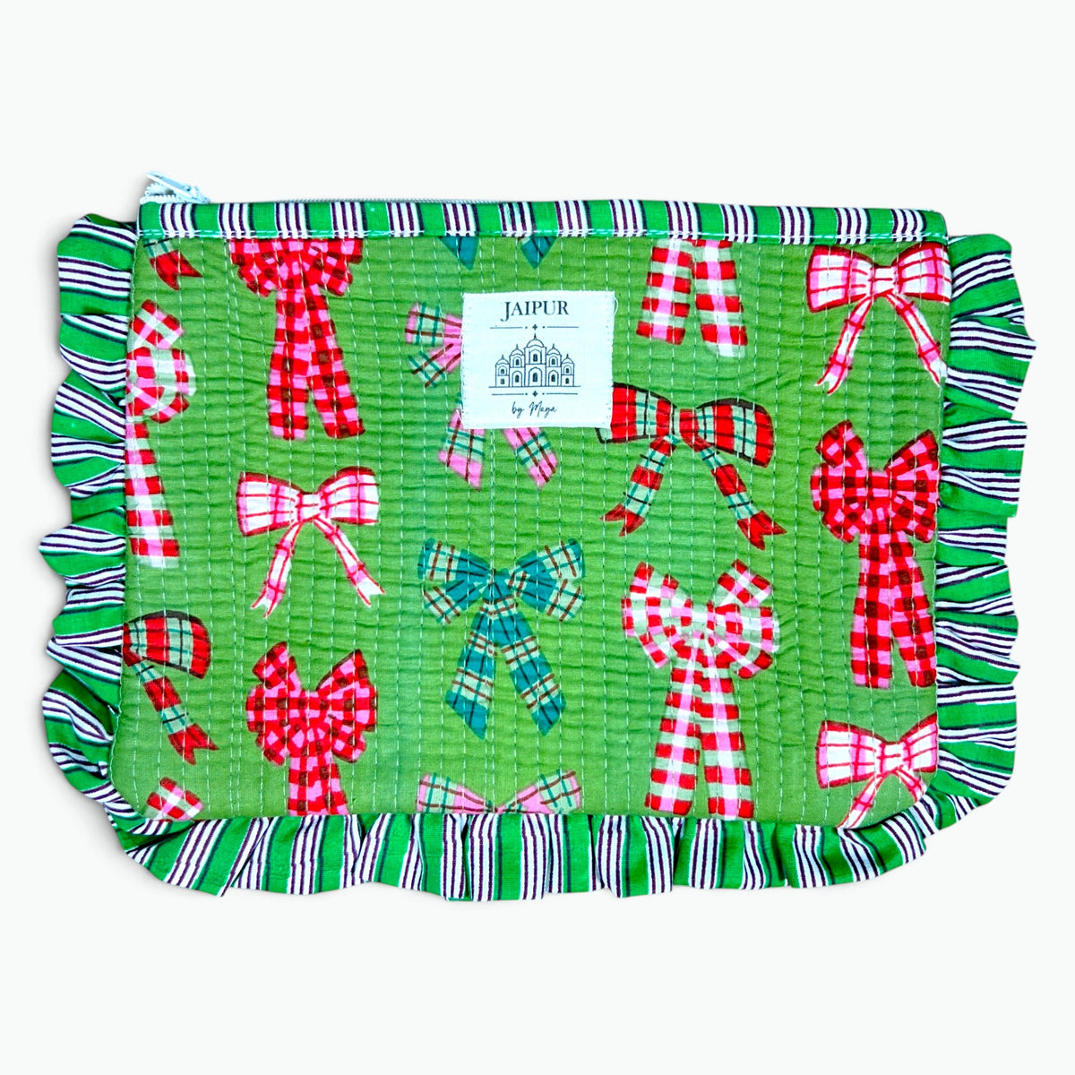A quilted fabric pouch with a green background featuring a festive pattern of red and pink gingham bows, candy canes, and striped borders. A white fabric label with the brand name 'JAI PUR' is sewn onto the front.