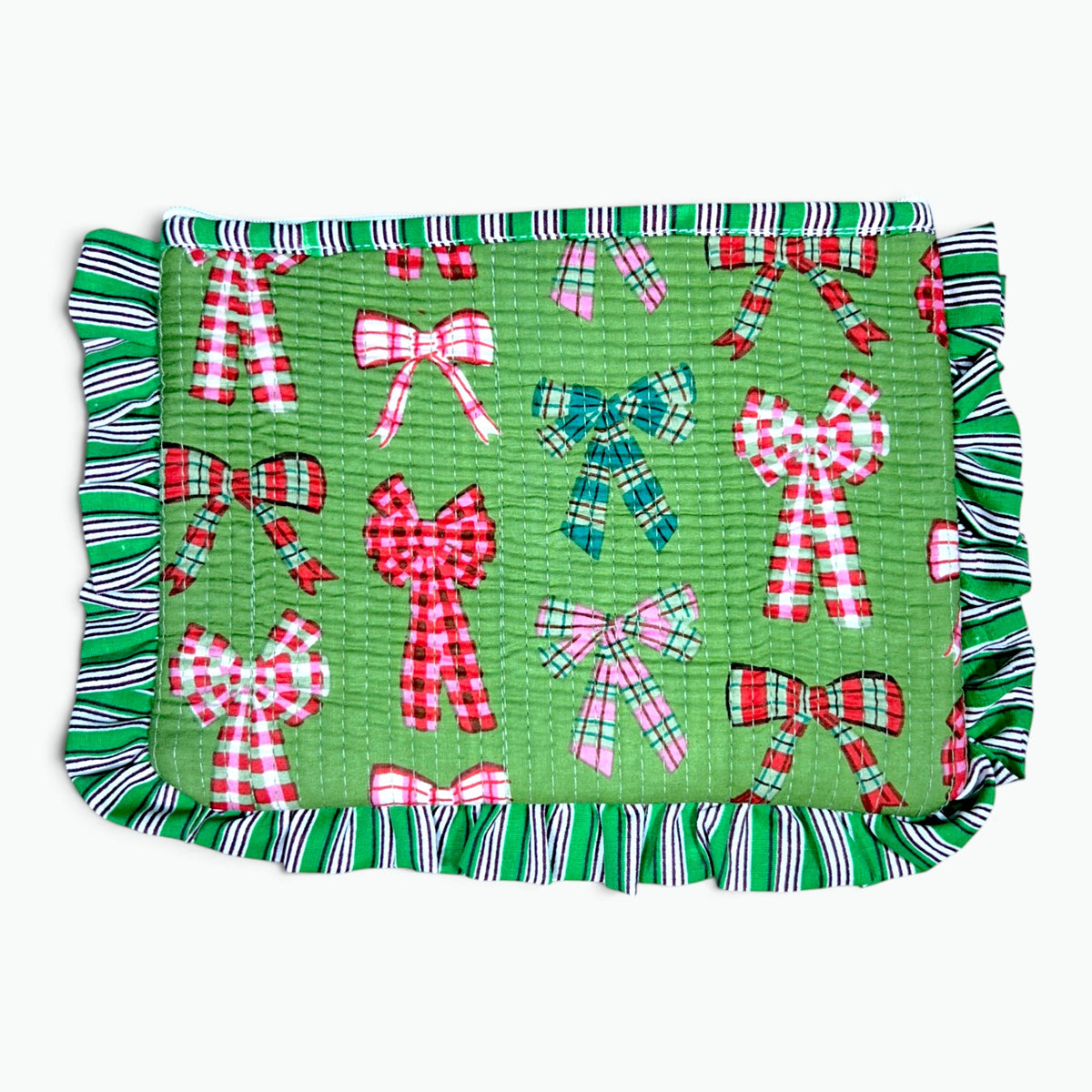 Tartan Bows Print Quilted Frill Pouch | 100% Cotton
