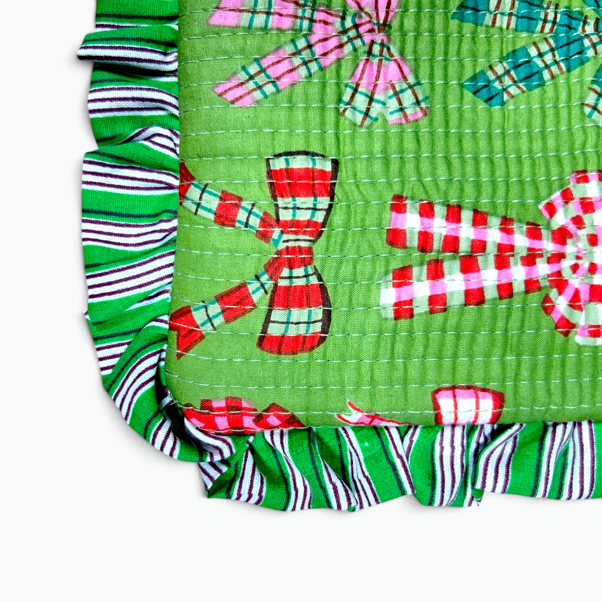 Tartan Bows Print Quilted Frill Pouch | 100% Cotton