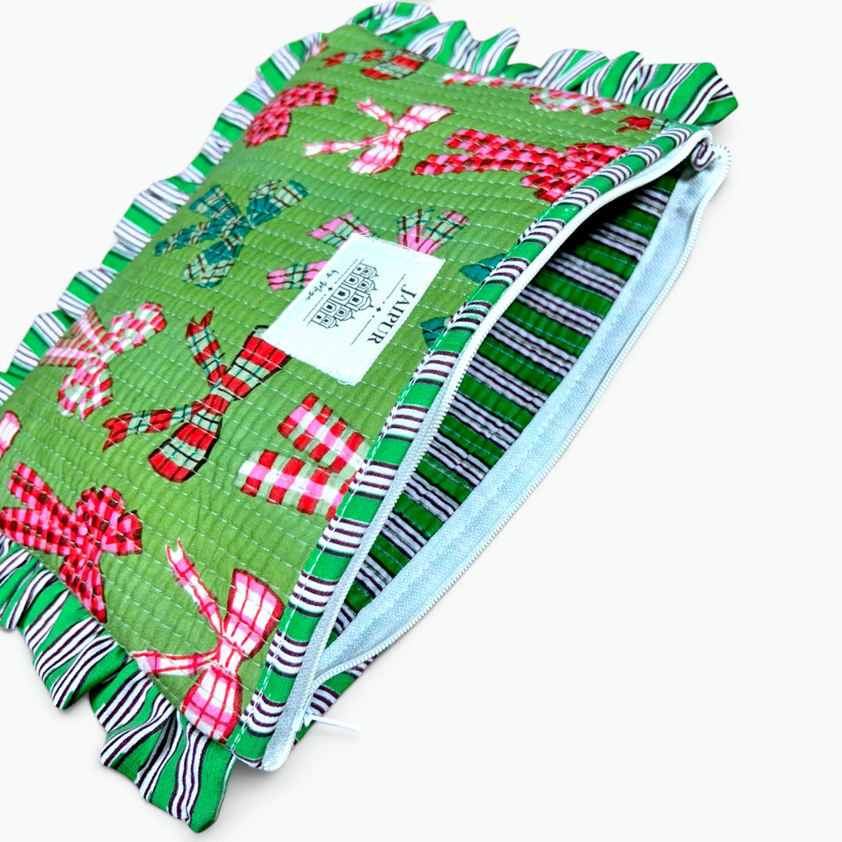 Tartan Bows Print Quilted Frill Pouch | 100% Cotton