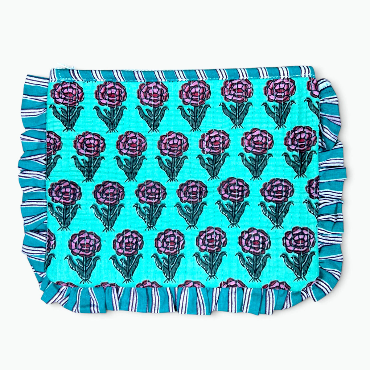 Aqua Rose Print Quilted Frill Pouch | 100% Cotton