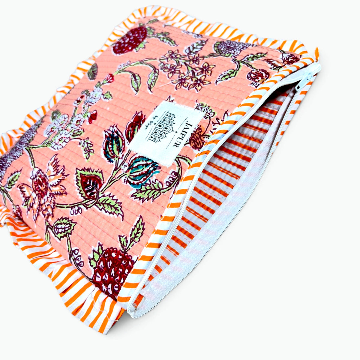 Peach Meadow Print Quilted Frill Pouch | 100% Cotton