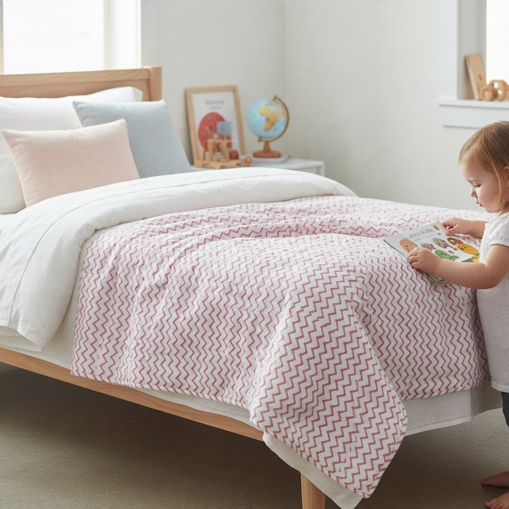 Safari Animal & Pink Chevron Reversible Toddler Quilt | 100% Cotton | 40x60 Inches