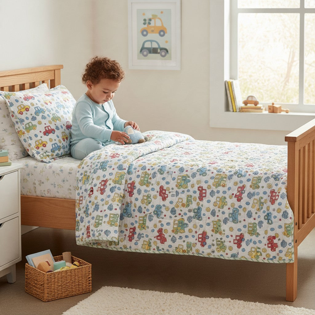 Reversible cotton toddler quilt shown on a child's bed, featuring a colourful vehicle print on one side and a yellow chevron pattern on the other.