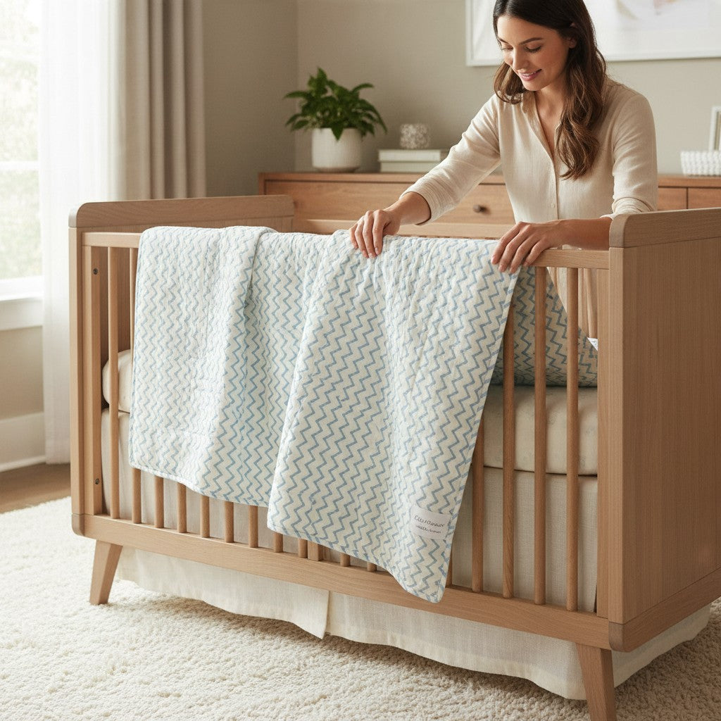 Reverse side of the toddler quilt in soft blue and cream chevron