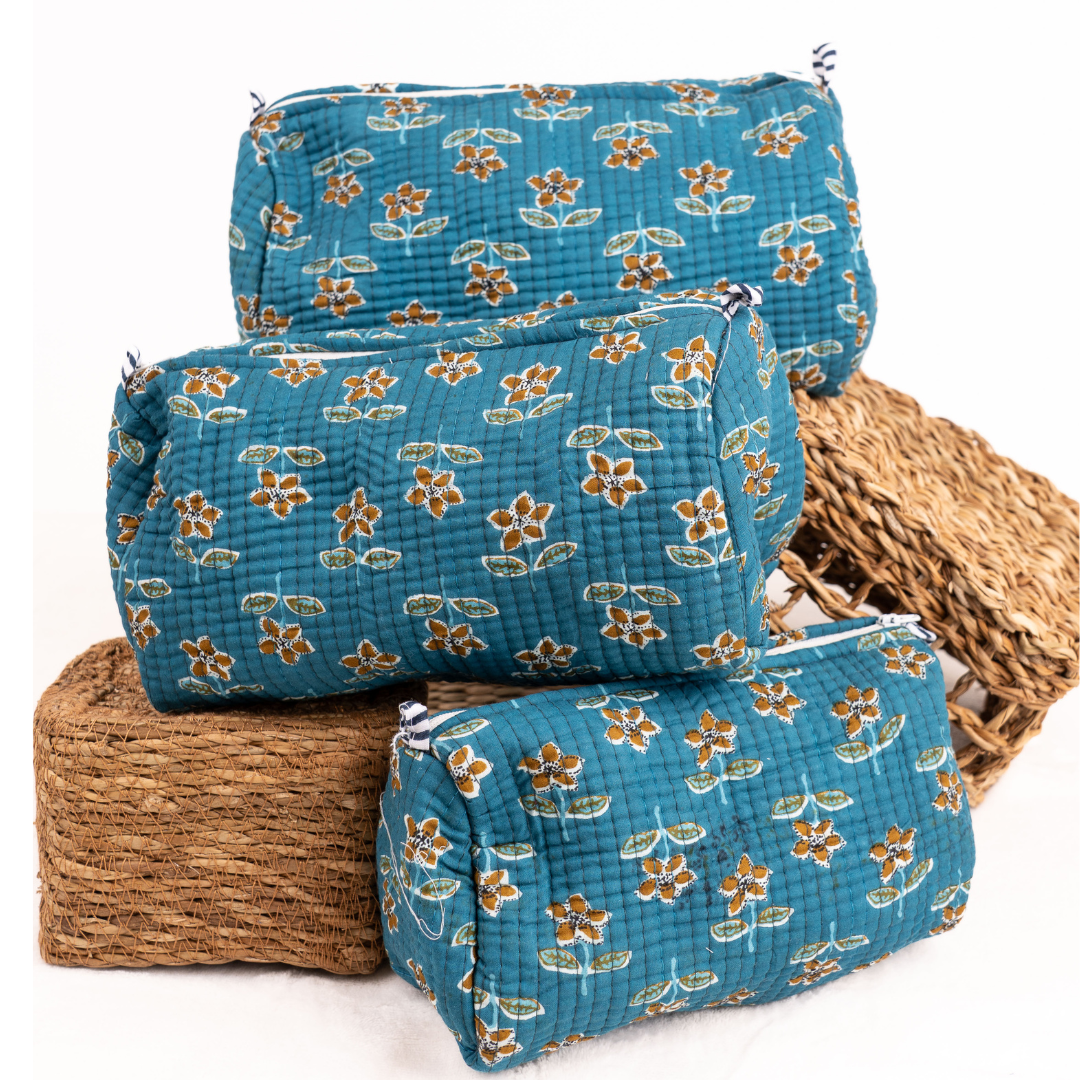Quilted Blue Makeup Pouch- 3 Sizes Available