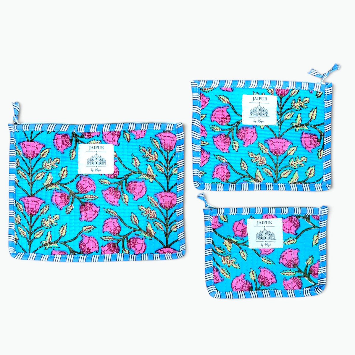 Tulip Garden Print Pouch Set of 3 | Quilted Cotton Zip Pouches