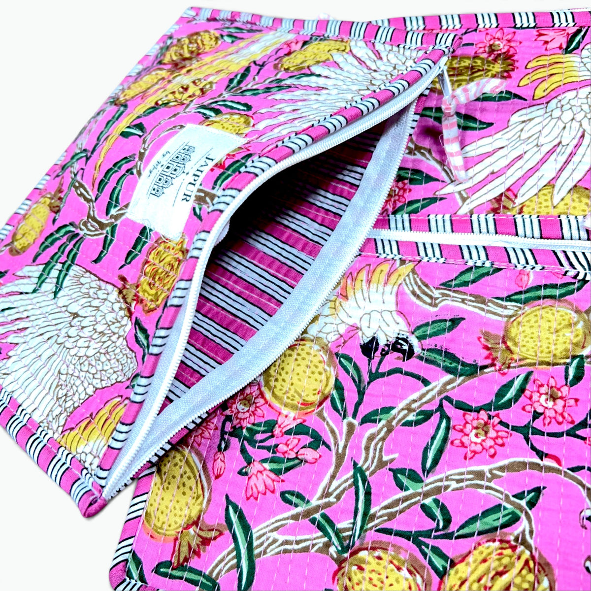 Pink Cockatoo Print Pouch Set of 3 | Quilted Cotton Zip Pouches