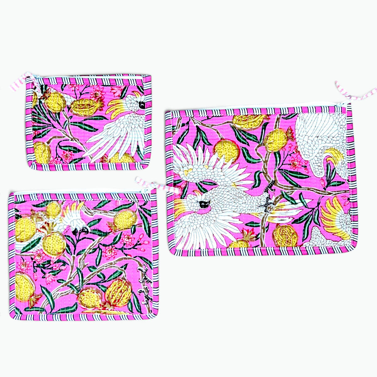 Pink Cockatoo Print Pouch Set of 3 | Quilted Cotton Zip Pouches