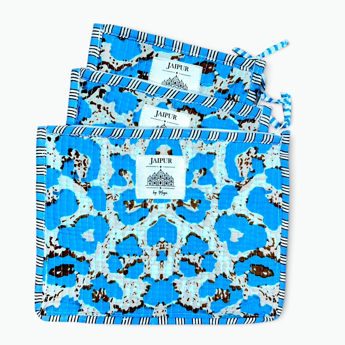 Blue Leopard Print Pouch Set of 3 | Quilted Cotton Zip Pouches