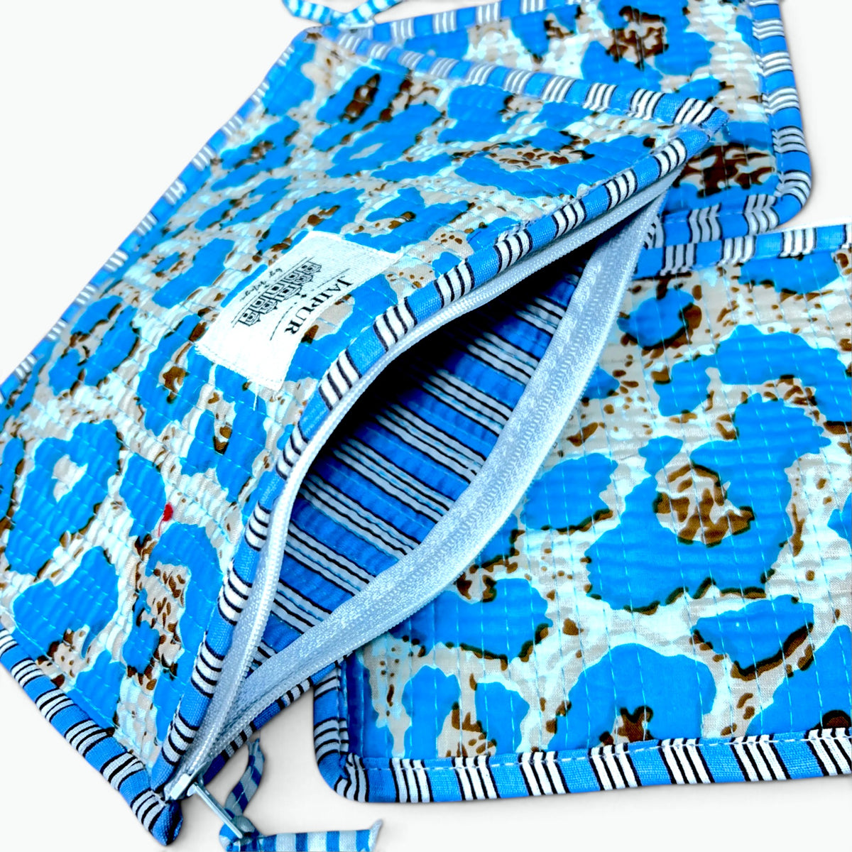 Blue Leopard Print Pouch Set of 3 | Quilted Cotton Zip Pouches