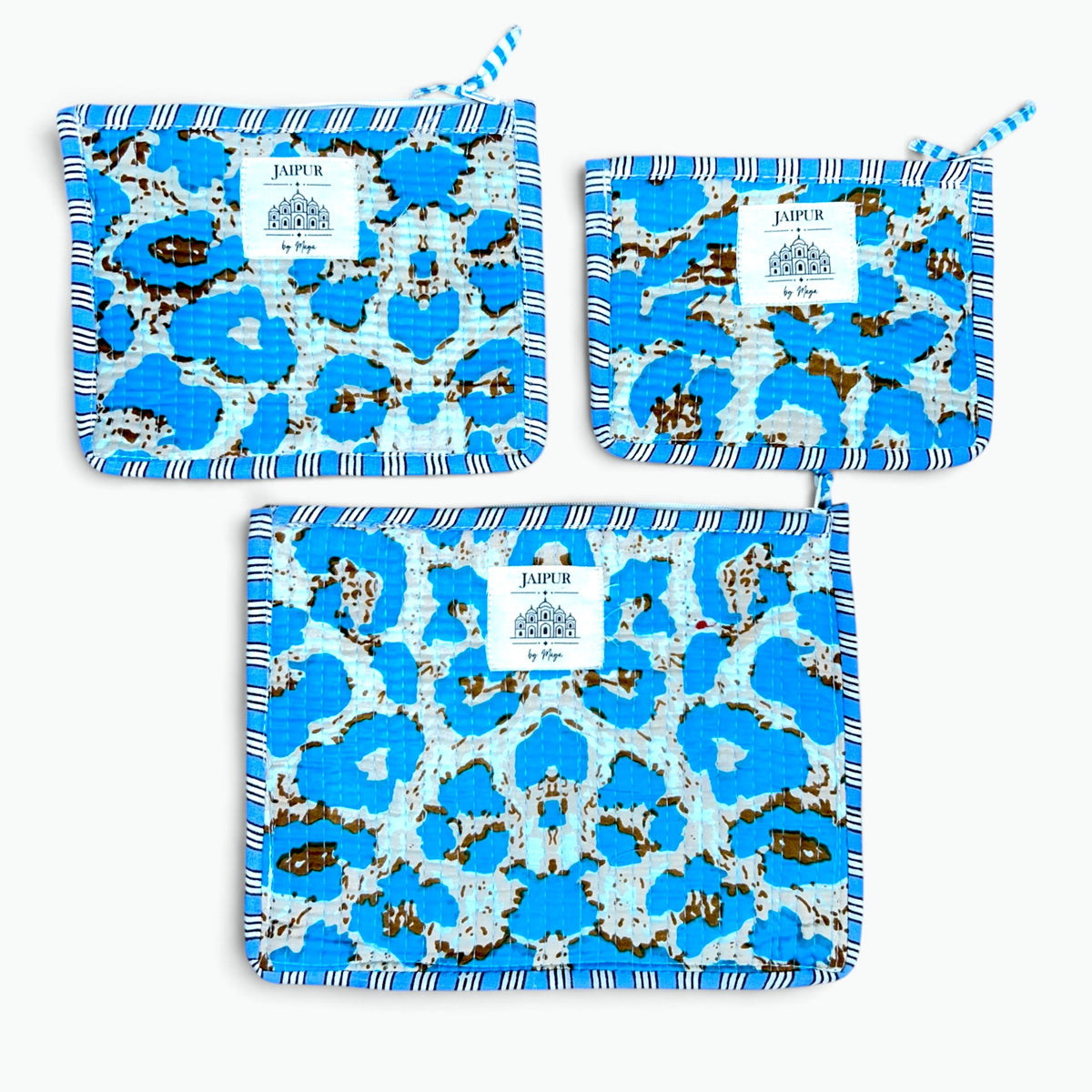 Blue Leopard Print Pouch Set of 3 | Quilted Cotton Zip Pouches