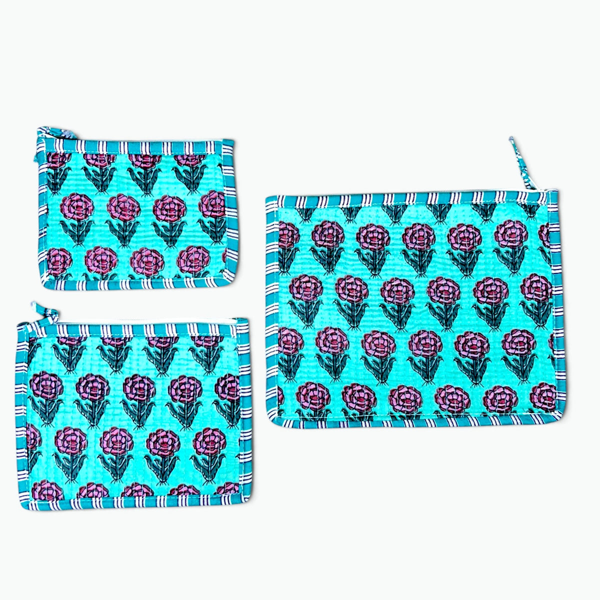 Aqua Rose Print Pouch Set of 3 | Quilted Cotton Zip Pouches