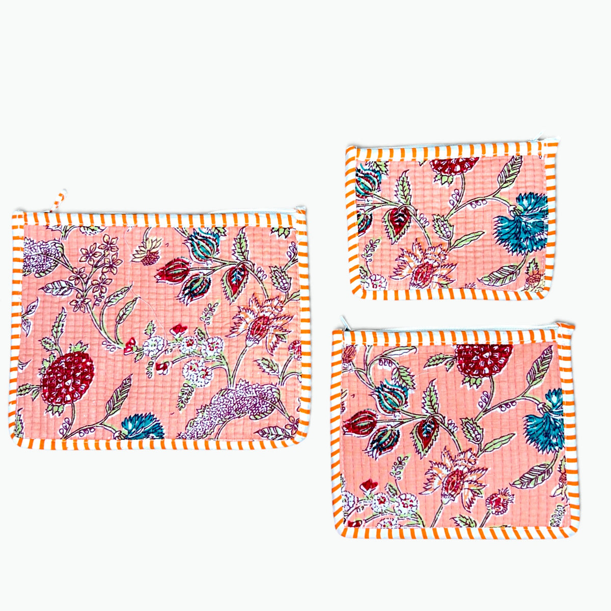 Peach Meadow Print Pouch Set of 3 | Quilted Cotton Zip Pouches