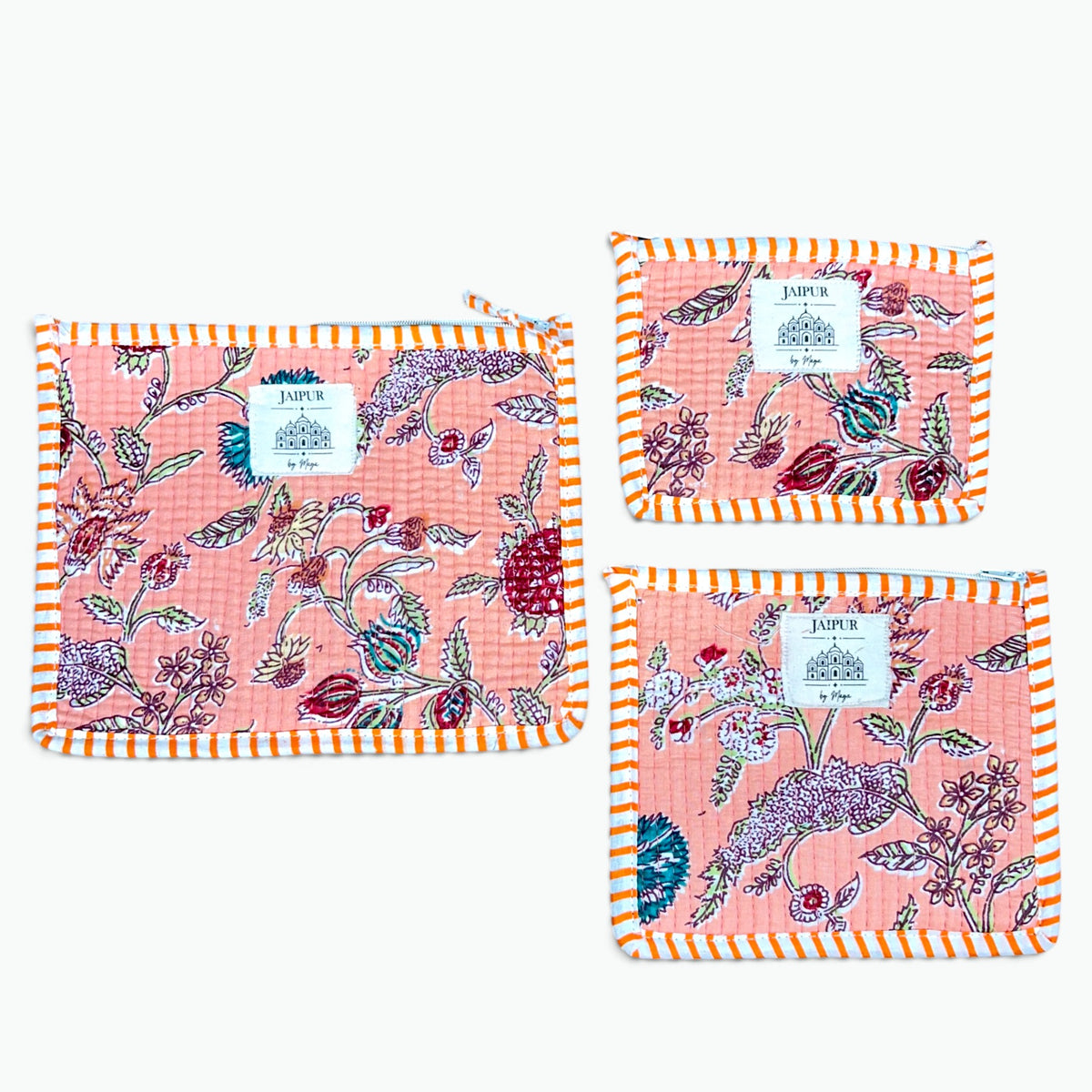 Peach Meadow Print Pouch Set of 3 | Quilted Cotton Zip Pouches