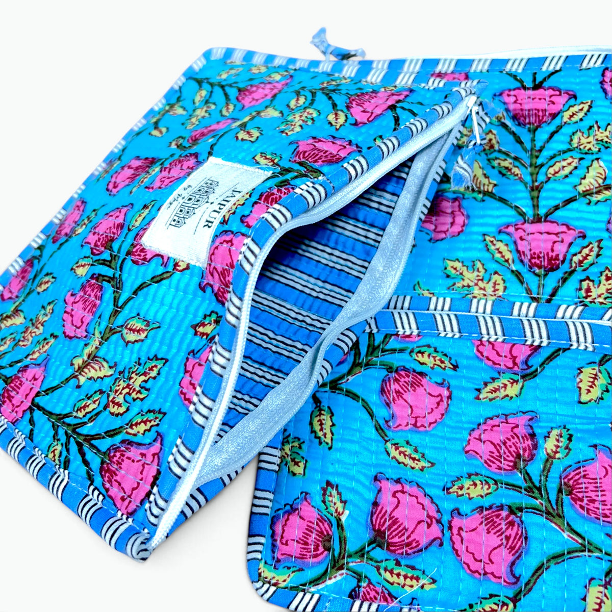 Tulip Garden Print Pouch Set of 3 | Quilted Cotton Zip Pouches