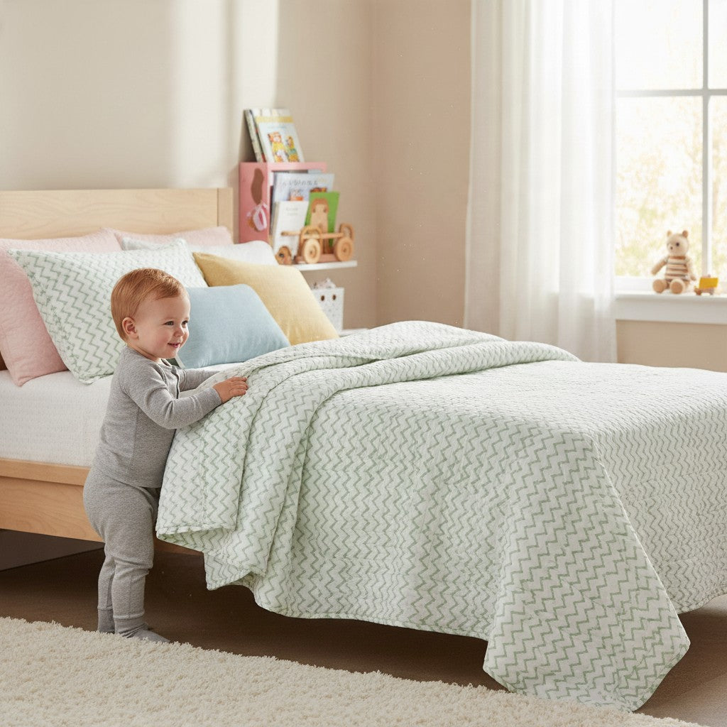 Blue Dinosaur & Green Chevron Reversible Toddler Quilt | 100% Cotton | 40x60 Inches