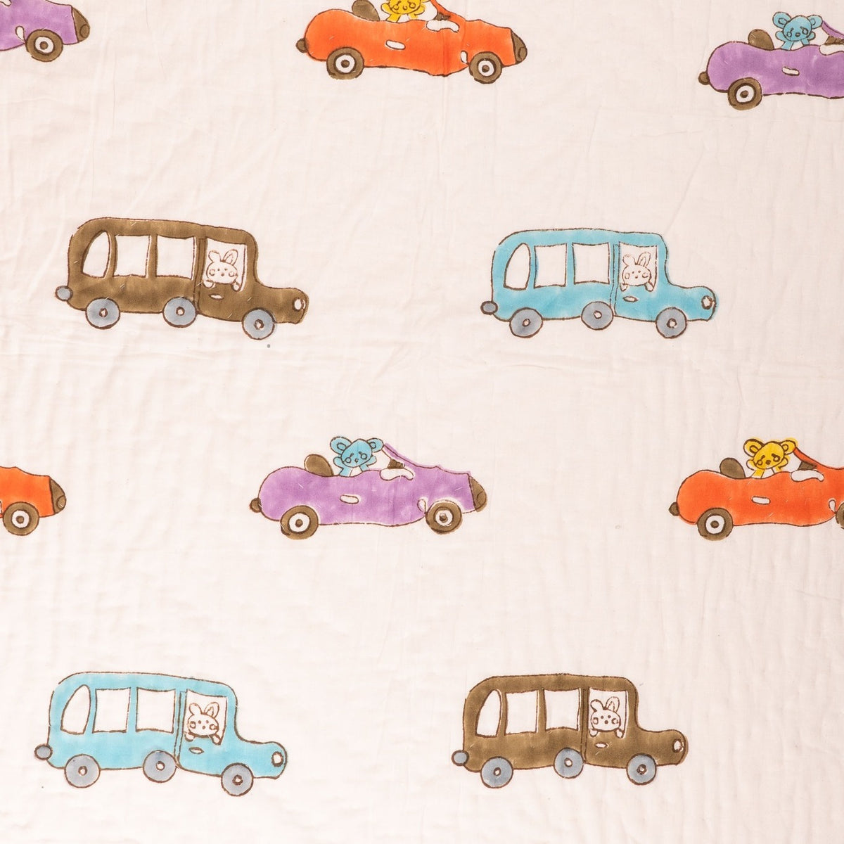 Toddler Quilt with Colourful Cars and Buses – Blue Chevron Reversible Bedding, 40 x 60 Inches - 100% Cotton