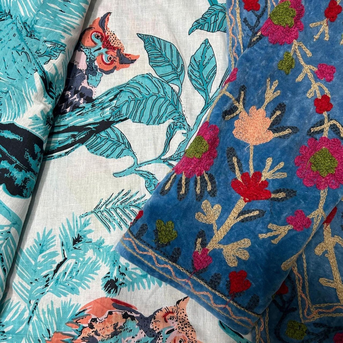 Blue Embroidered Velvet Jacket – Reversible with Cotton Reverse, Floral Design