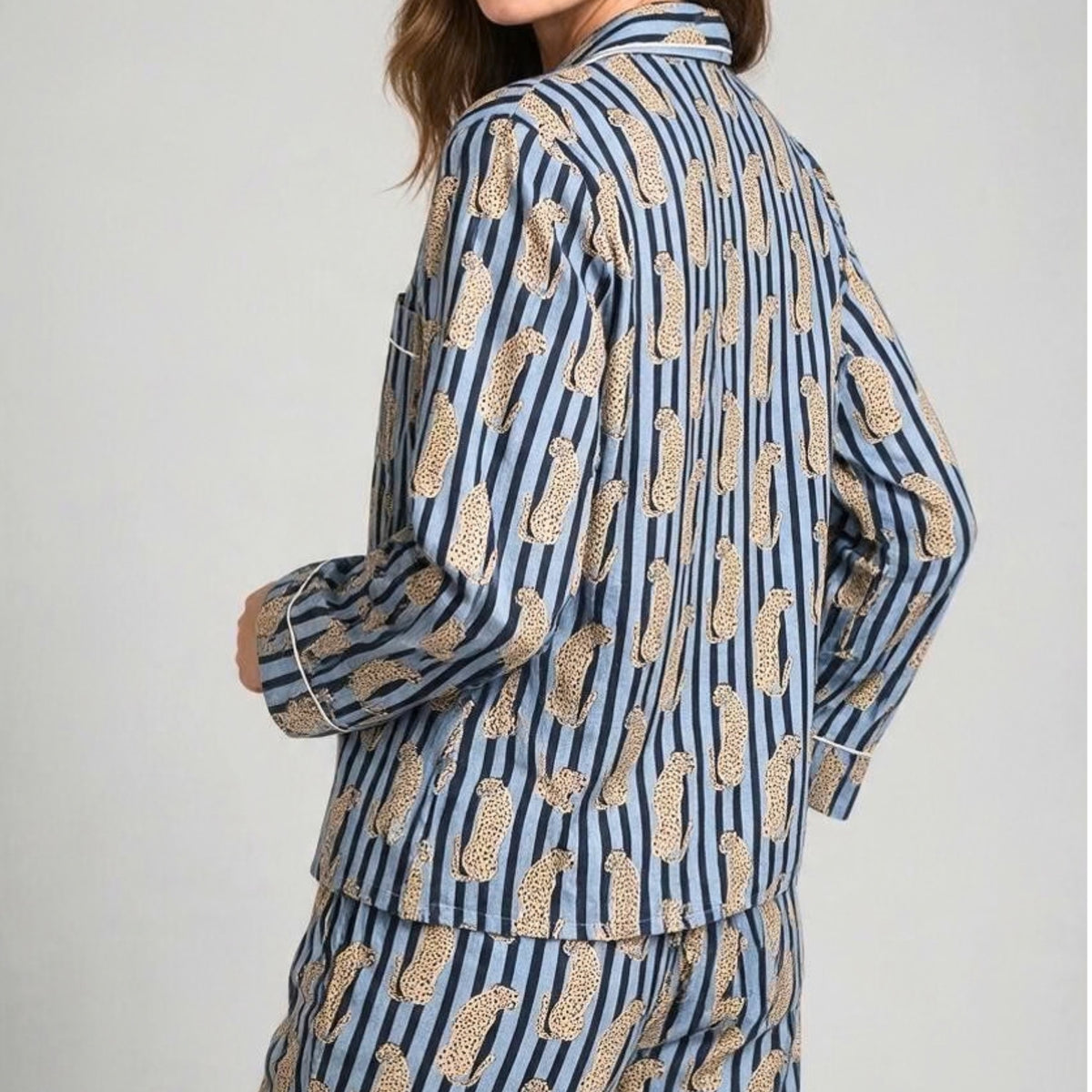 Leopard & Stripe Hand Block Print Cotton Pyjama Set with Pouch