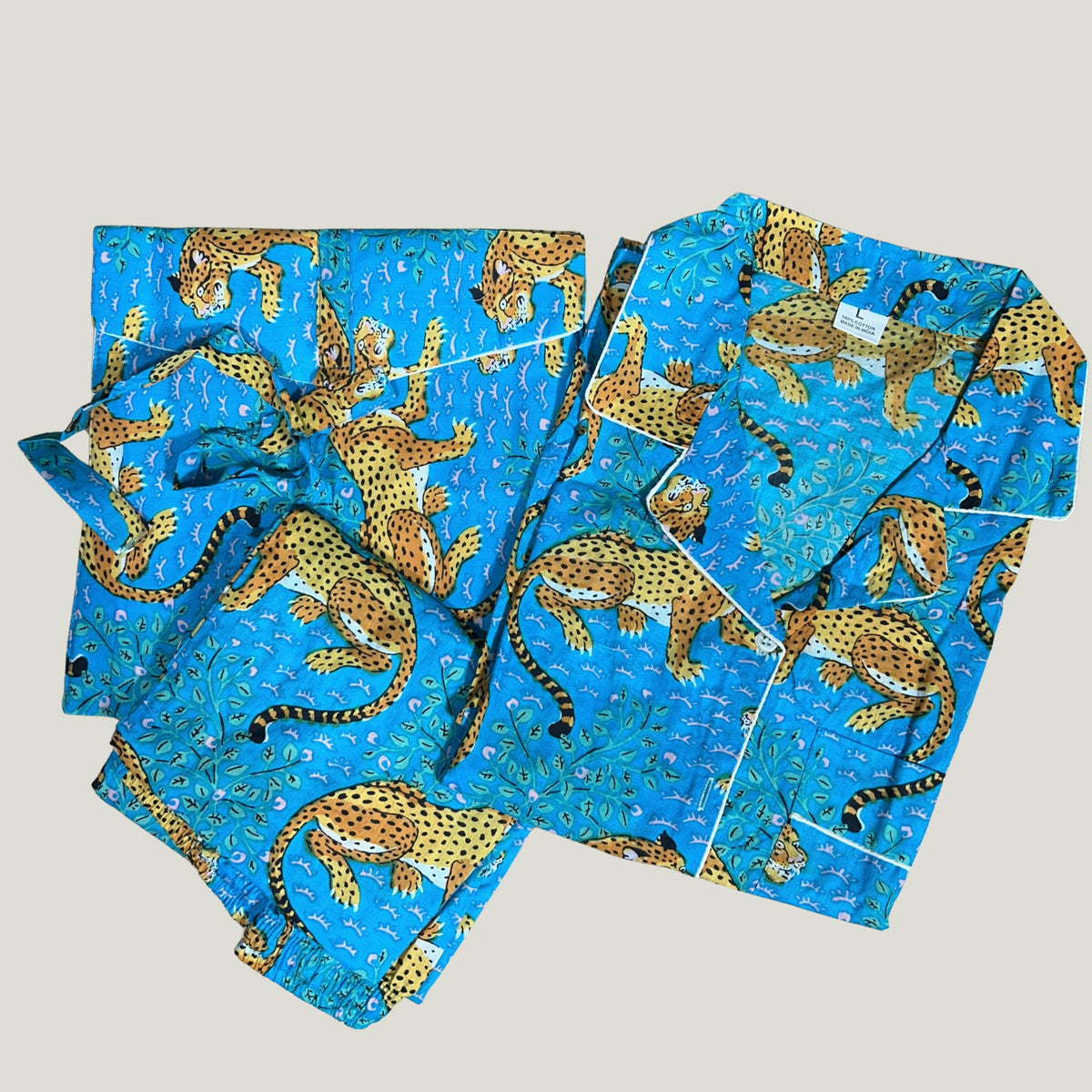 Blue Leopard & Botanical Hand Block Print Cotton Pyjama Set with Pouch-Medium Size