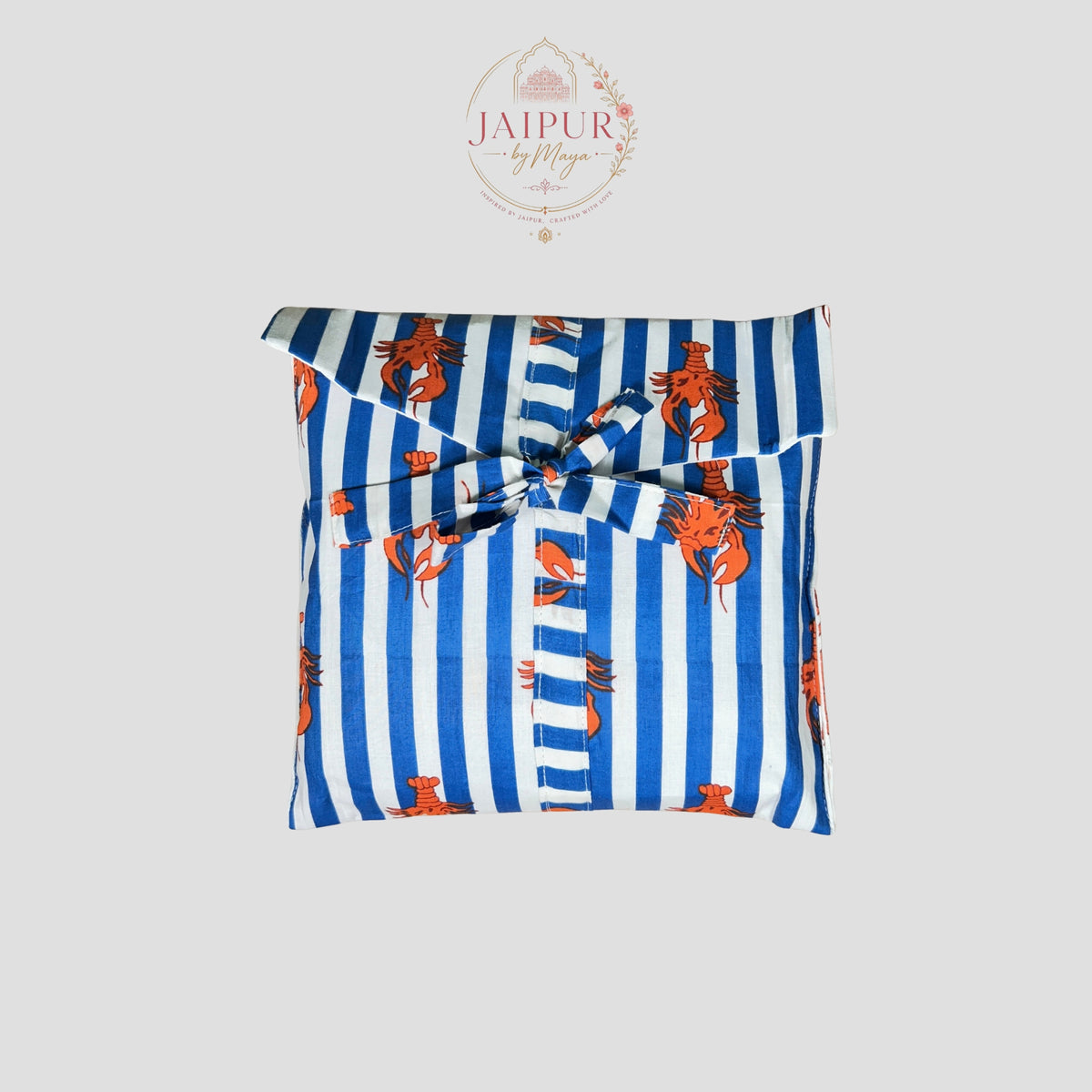Lobster & Stripe Hand Block Print Cotton Pyjama Set with Pouch