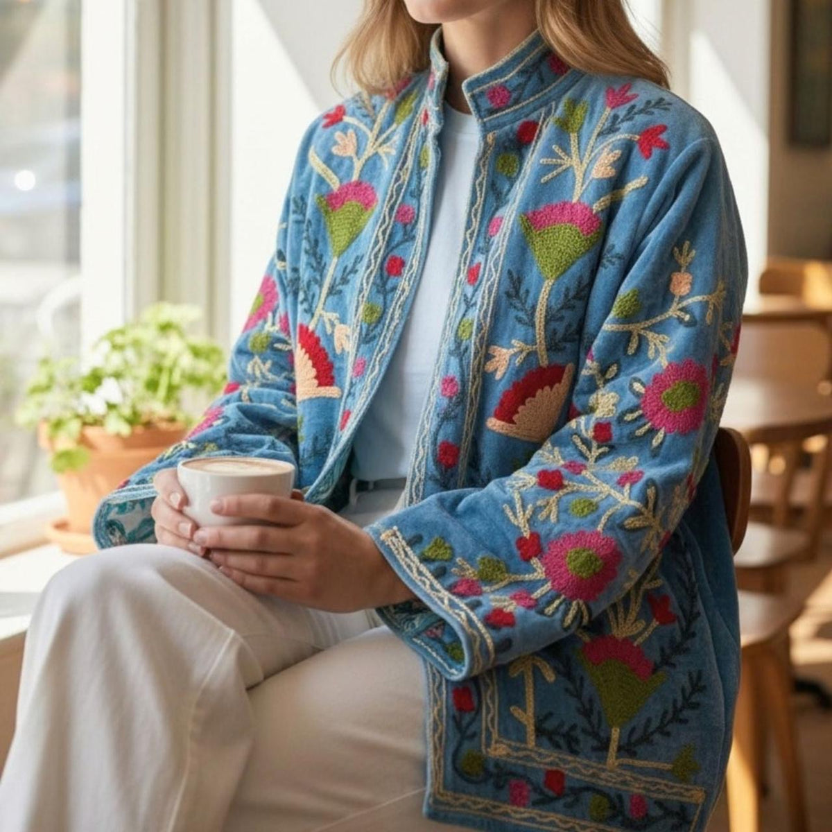 Blue Embroidered Velvet Jacket – Reversible with Cotton Reverse, Floral Design