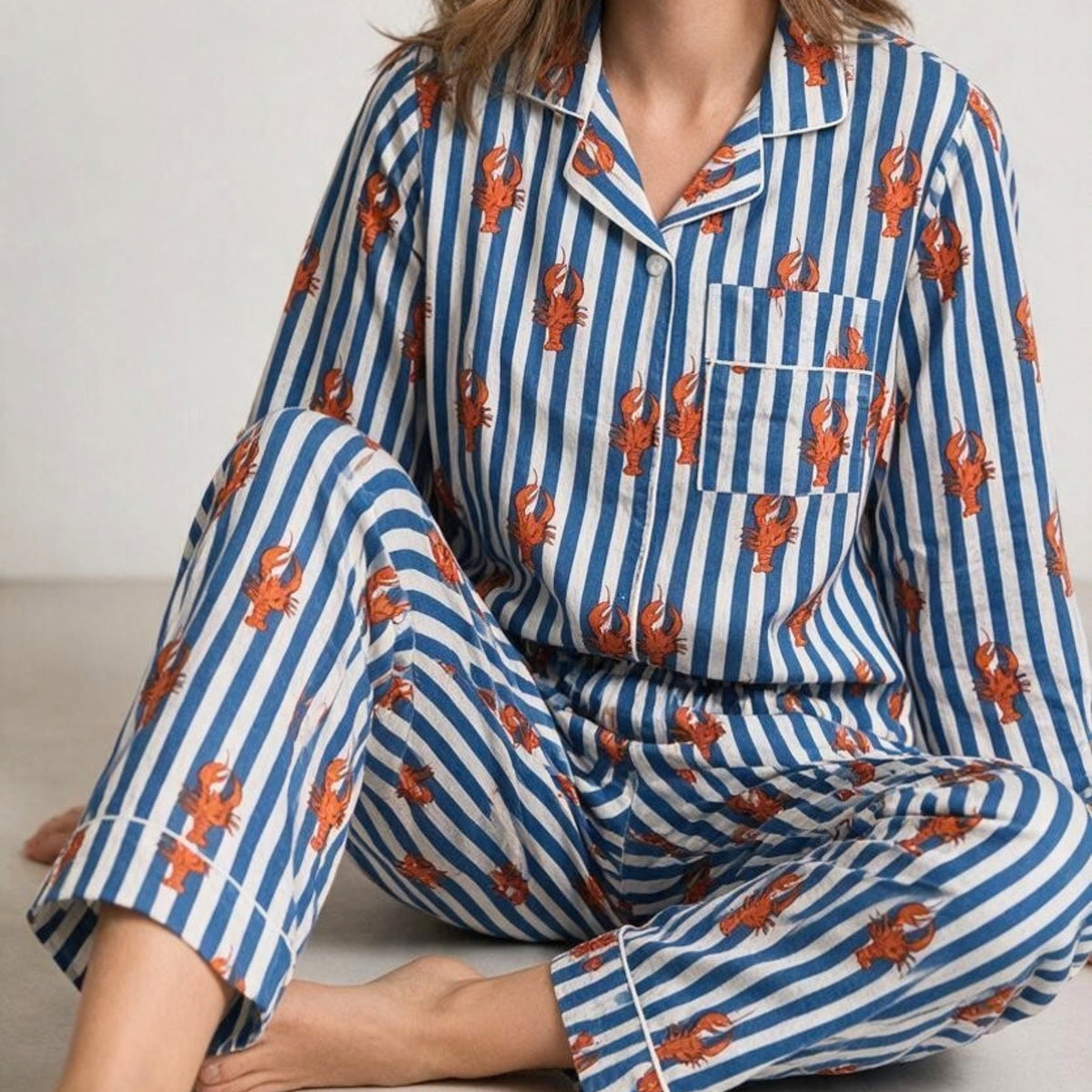 Lobster & Stripe Hand Block Print Cotton Pyjama Set with Pouch