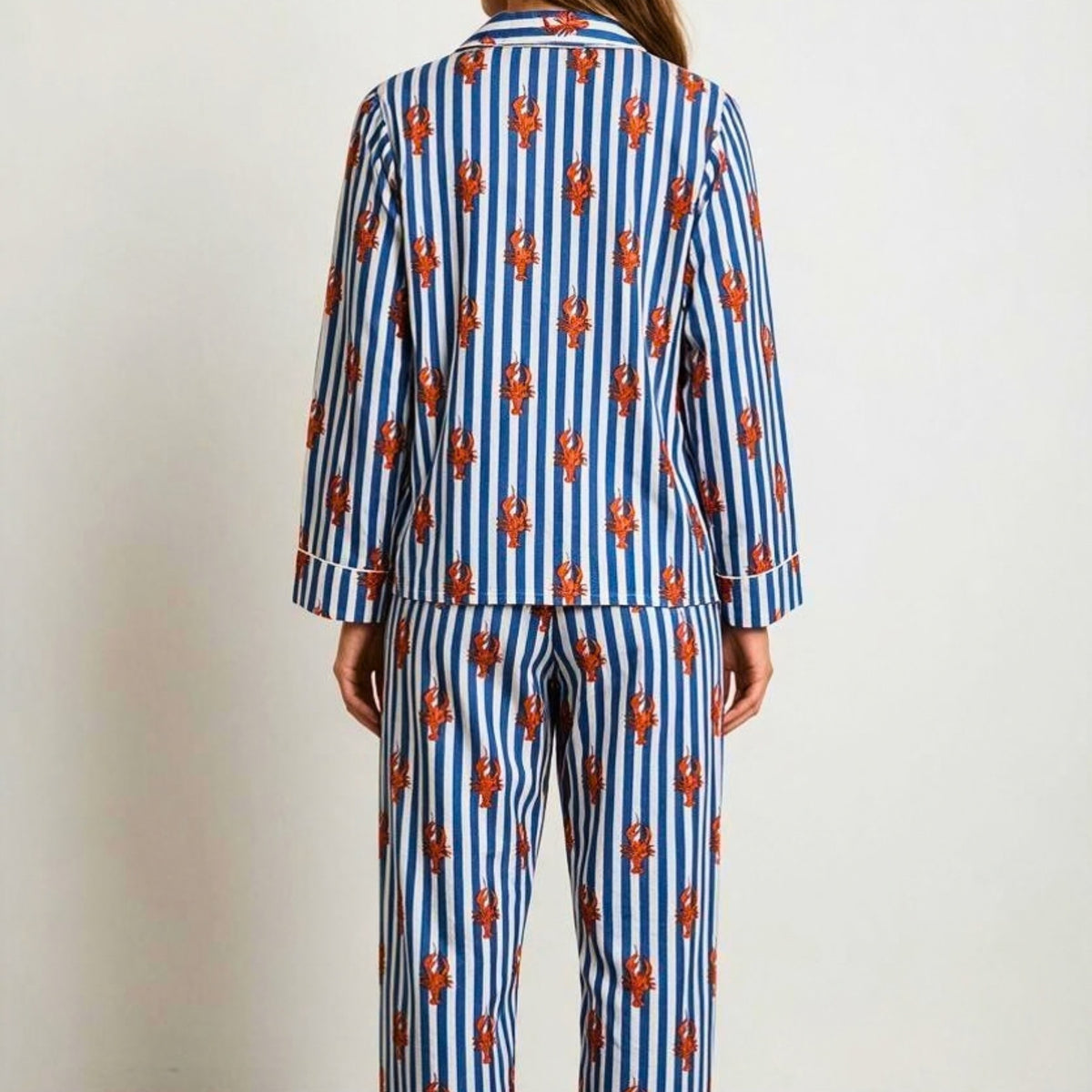 Lobster & Stripe Hand Block Print Cotton Pyjama Set with Pouch