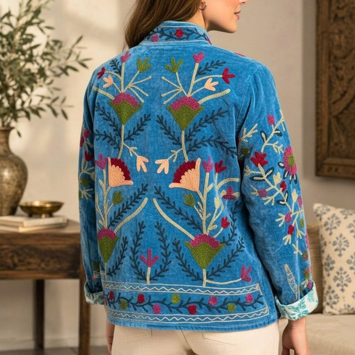 Blue Embroidered Velvet Jacket – Reversible with Cotton Reverse, Floral Design