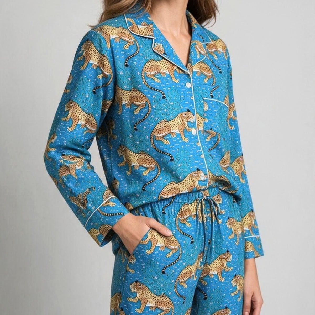 Blue Leopard & Botanical Hand Block Print Cotton Pyjama Set with Pouch-Medium Size