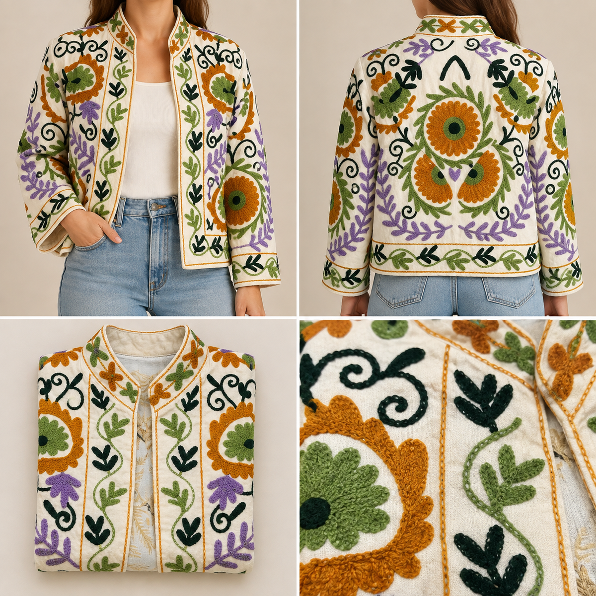 Cream Floral Embroidered Jacket