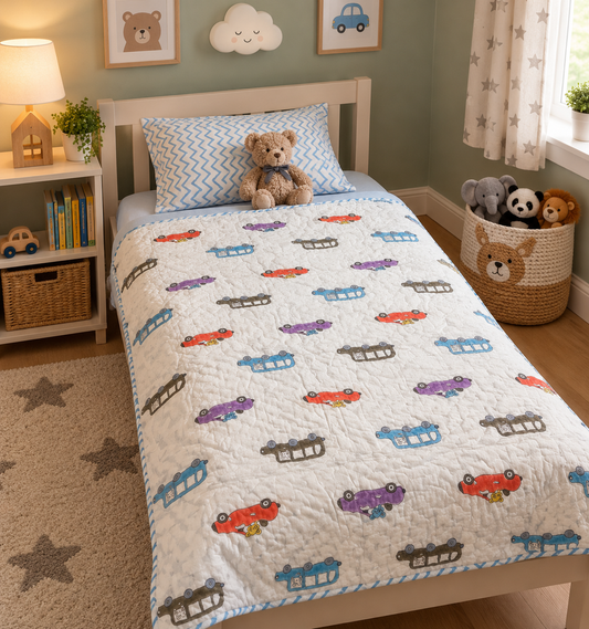 Toddler Quilt with Colourful Cars and Buses – Blue Chevron Reversible Bedding, 40 x 60 Inches - 100% Cotton